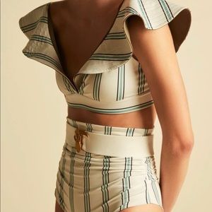 Vintage V neck ruffle belt high waisted bikini swim suit with belt